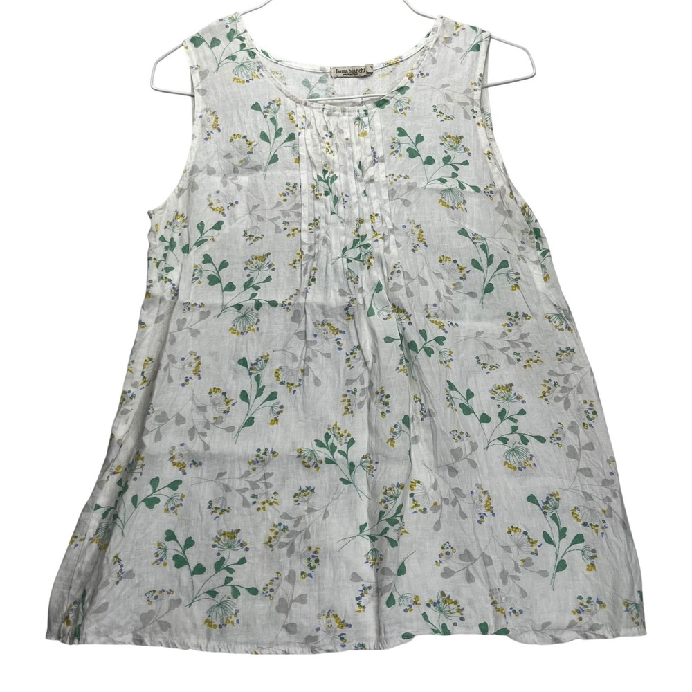 Laura Bianchi Top Womens Medium White Linen Floral Sleeveless Pleated Italy11003